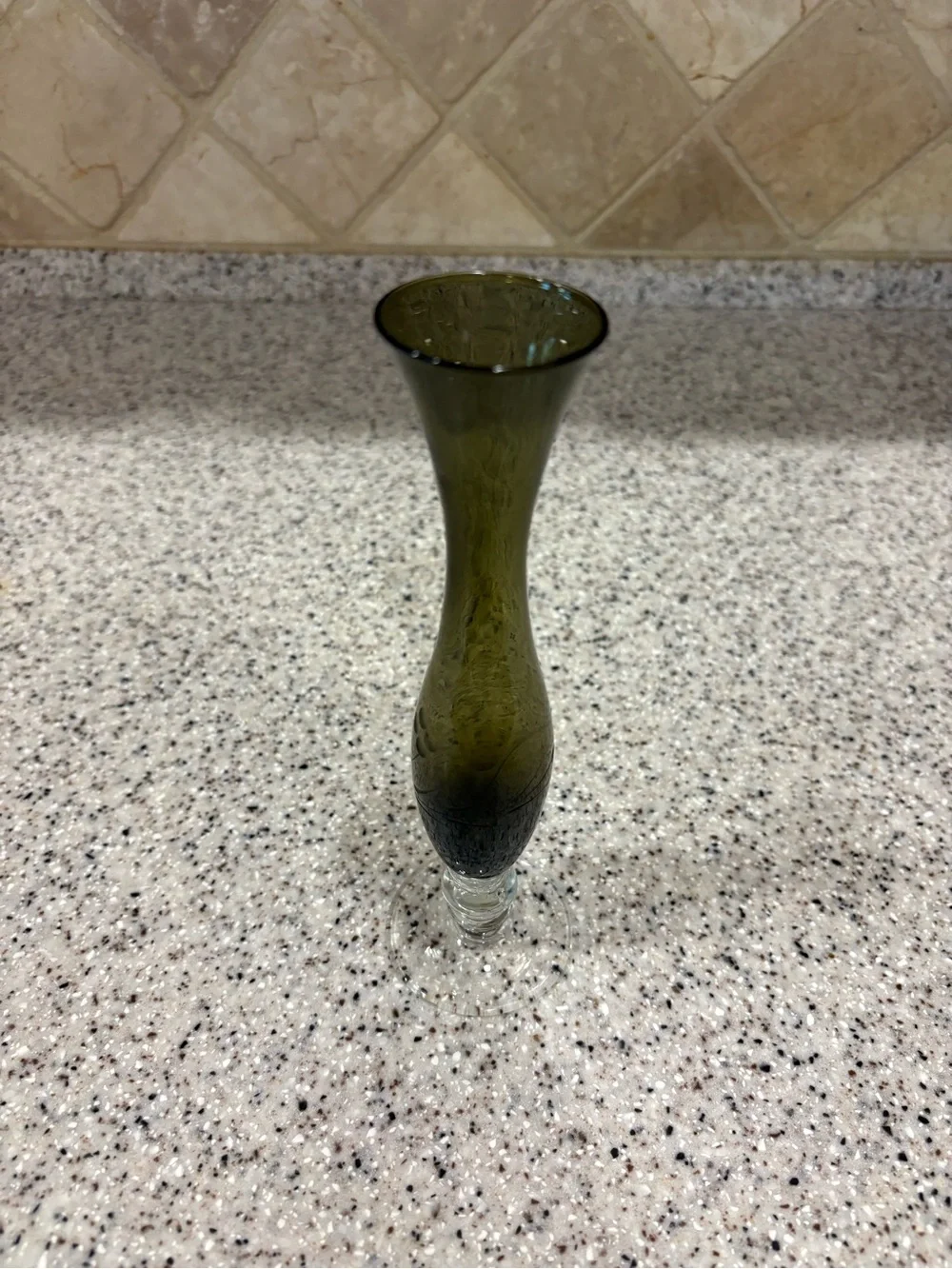Vintage Olive Green Blown Glass Footed Vase Etched Flower